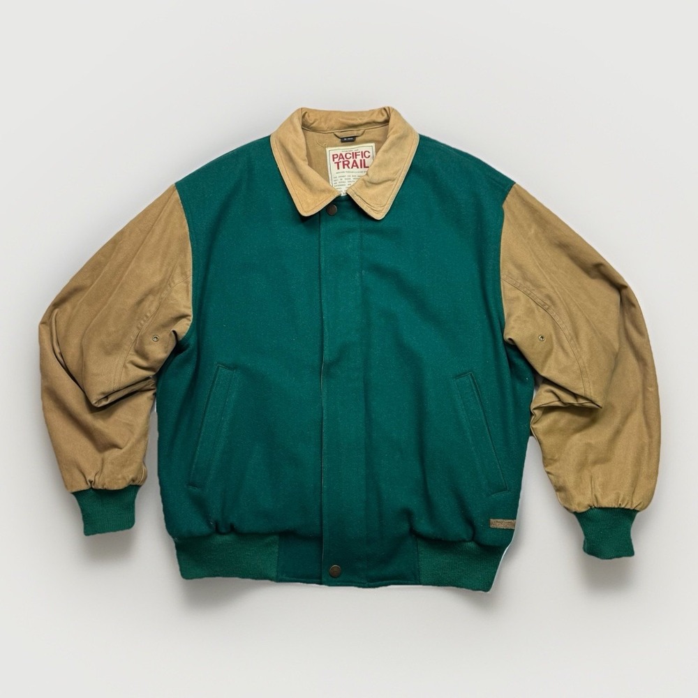 Vintage Pacific Trail Wool 90s Varsity Jacket Green & Tan Size Large Heavyweight